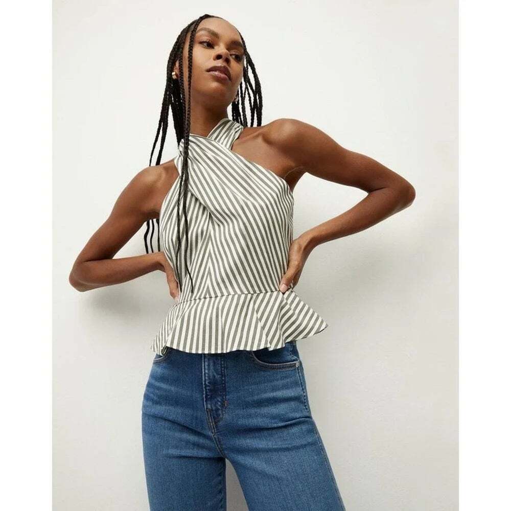 Veronica Beard Drew Striped Halter Neck Top Cotton Gray White Women's 12